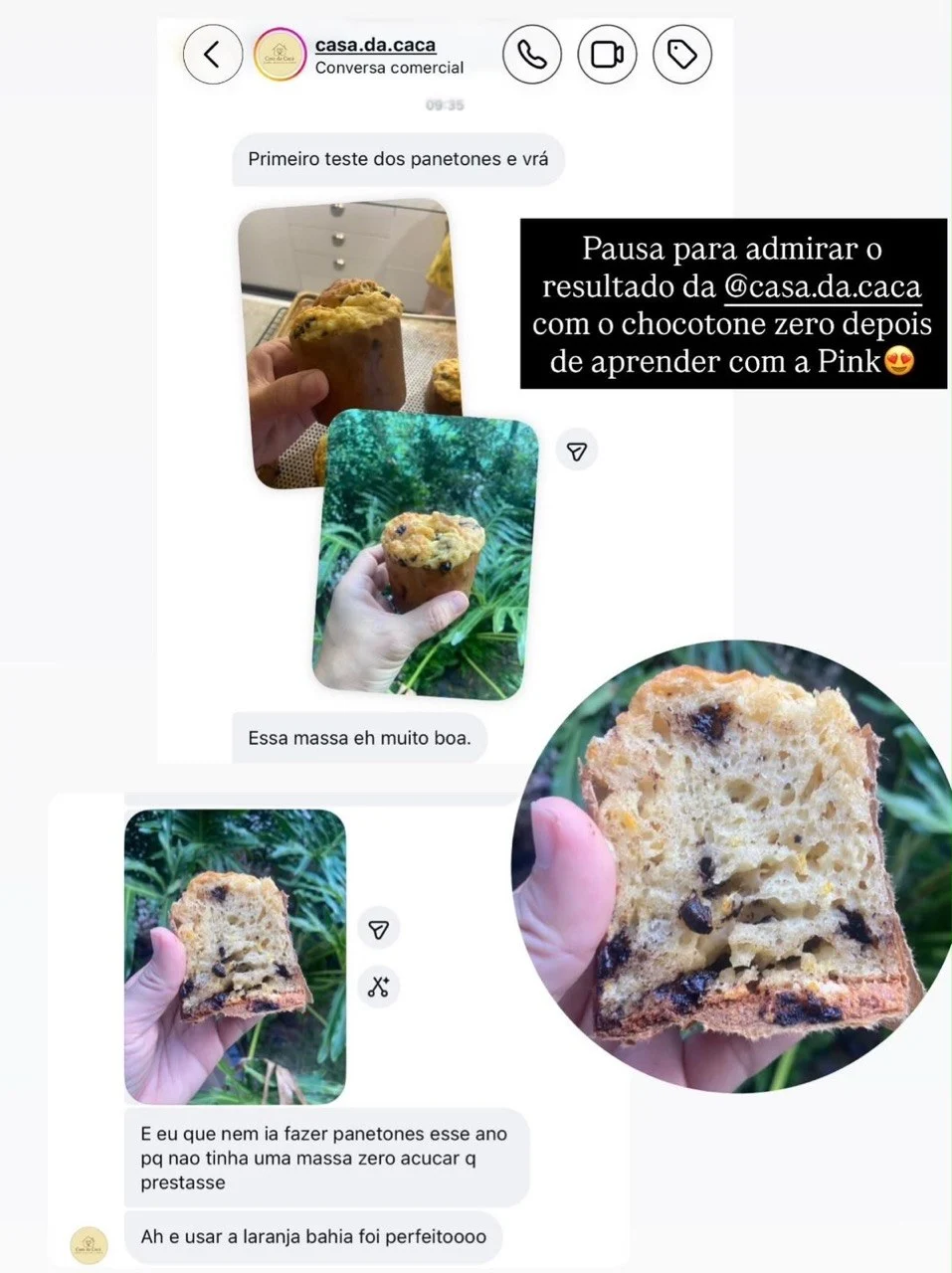 Aluna da @casa.da.caca mostra o primeiro teste do chocotone zero, diz que a massa é muito boa e que nem ia fazer panetone este ano por não ter uma massa zero açúcar que prestasse